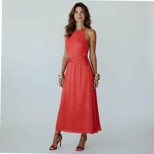 DKNY Sleeveless Halter Drape Waist Midi Dress Monochrome Tangerine Floral Size 4